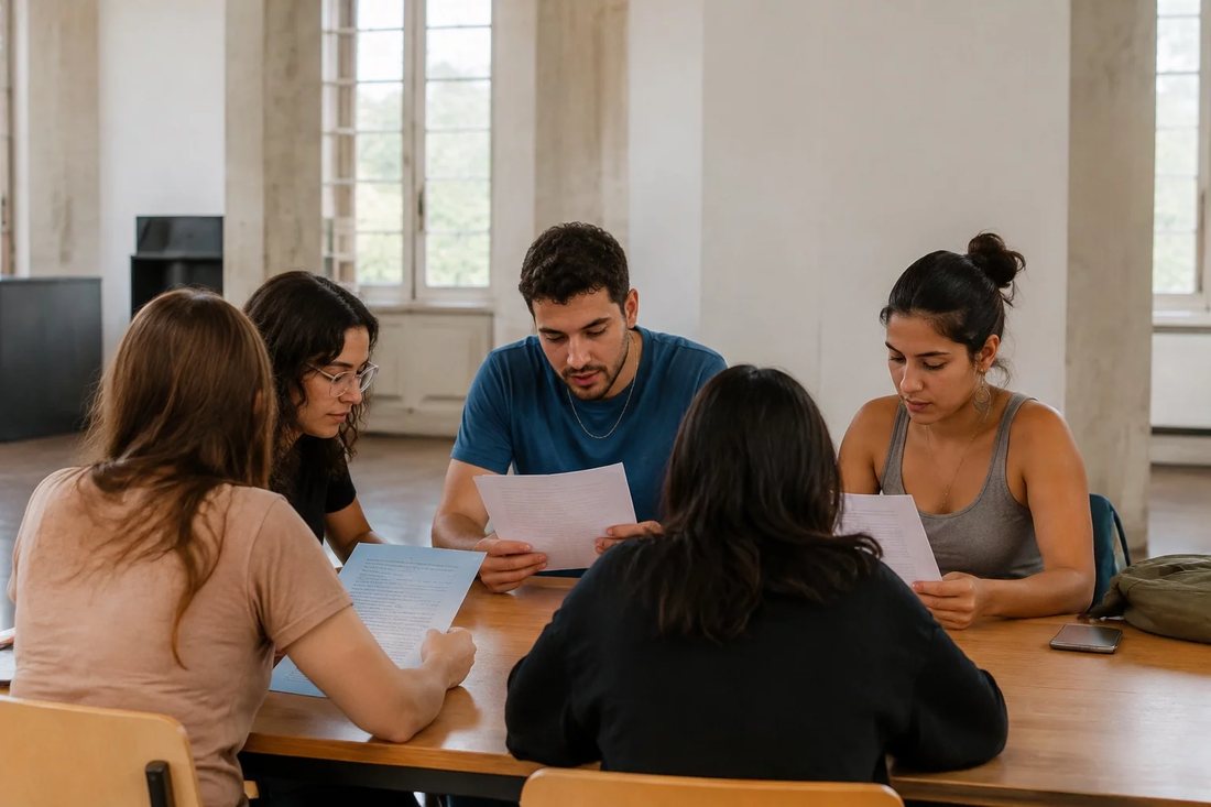 Profissionais em uma sala de reunião clara, uma pessoa de pé explicando um ponto