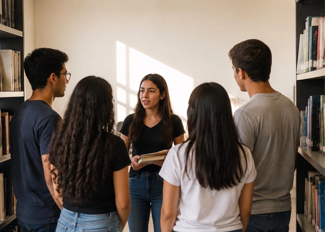 Alunos conversando de pé no corredor entre as estantes de uma biblioteca