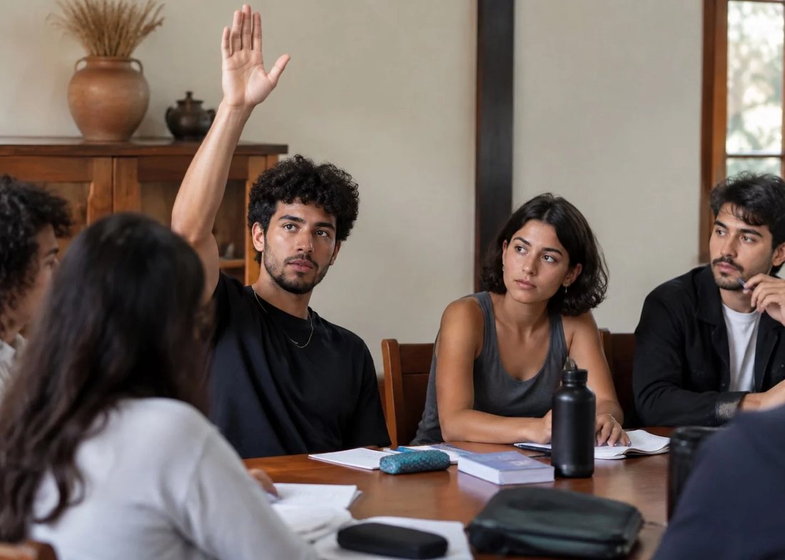 Dupla preparando uma rodada de debate com cadernos e marcadores sobre a mesa